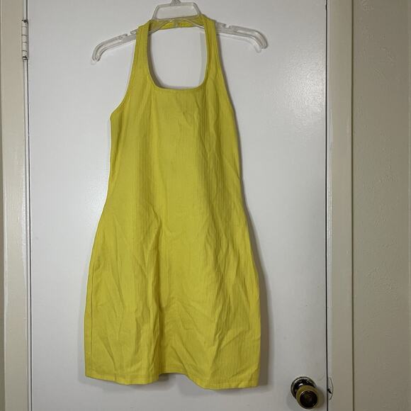 Vintage Versace jeans couture ribbed halter yellow mini bodycon dress 32/ 46 - Picture 1 of 6